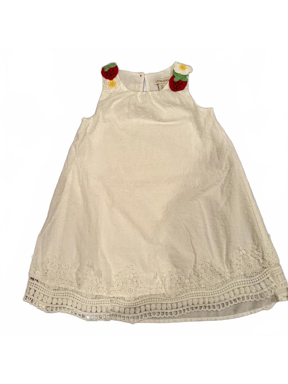 White Embroidered Girls Dress with Strawberry Appliques Size 6